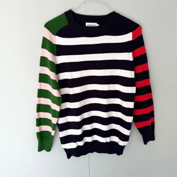OXKNIT Women's 1960s Retro Colorblock Stripes Crewneck Casual Knit Sweater - Picture 2 of 5